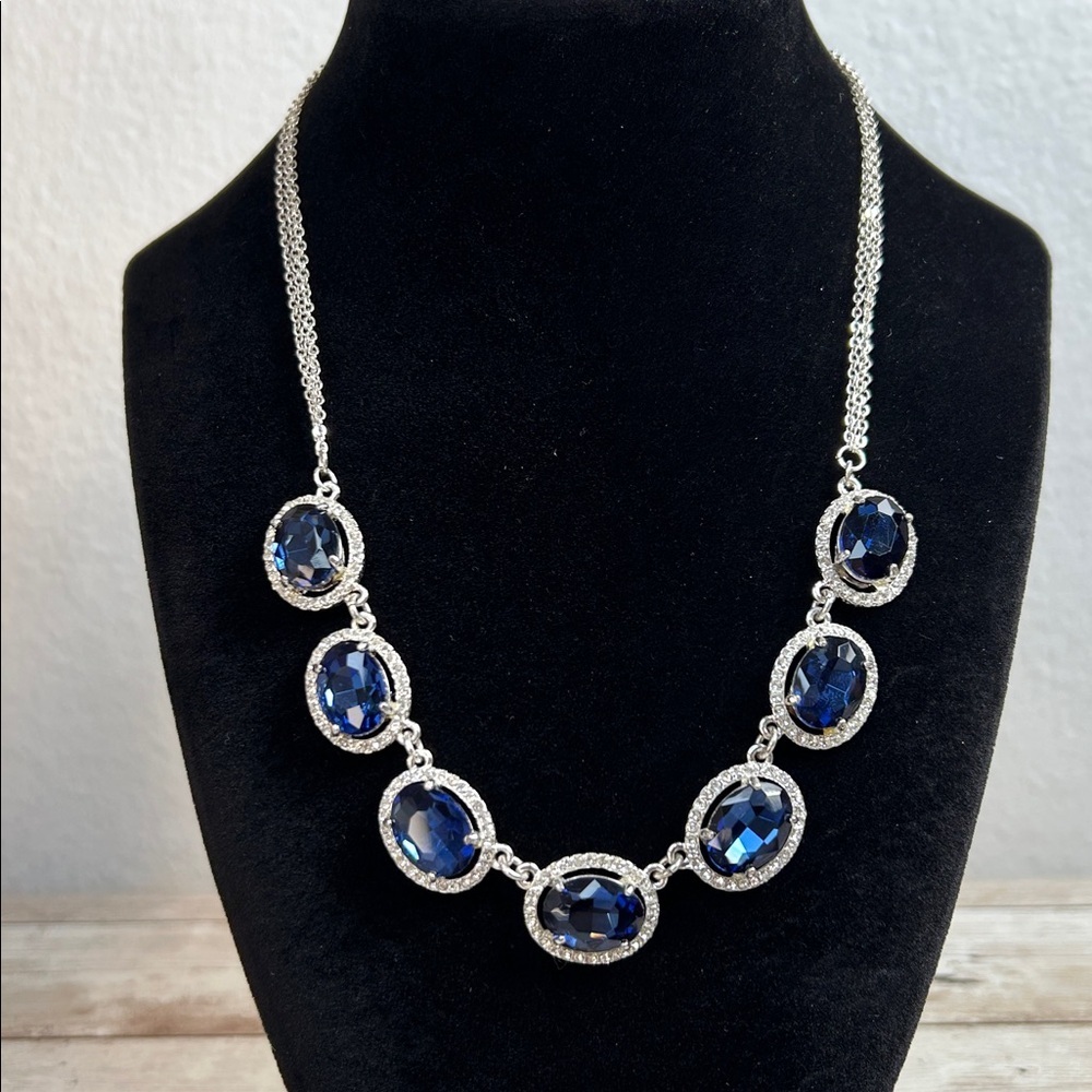 Elegant Silver and Blue Glass Statement Necklace